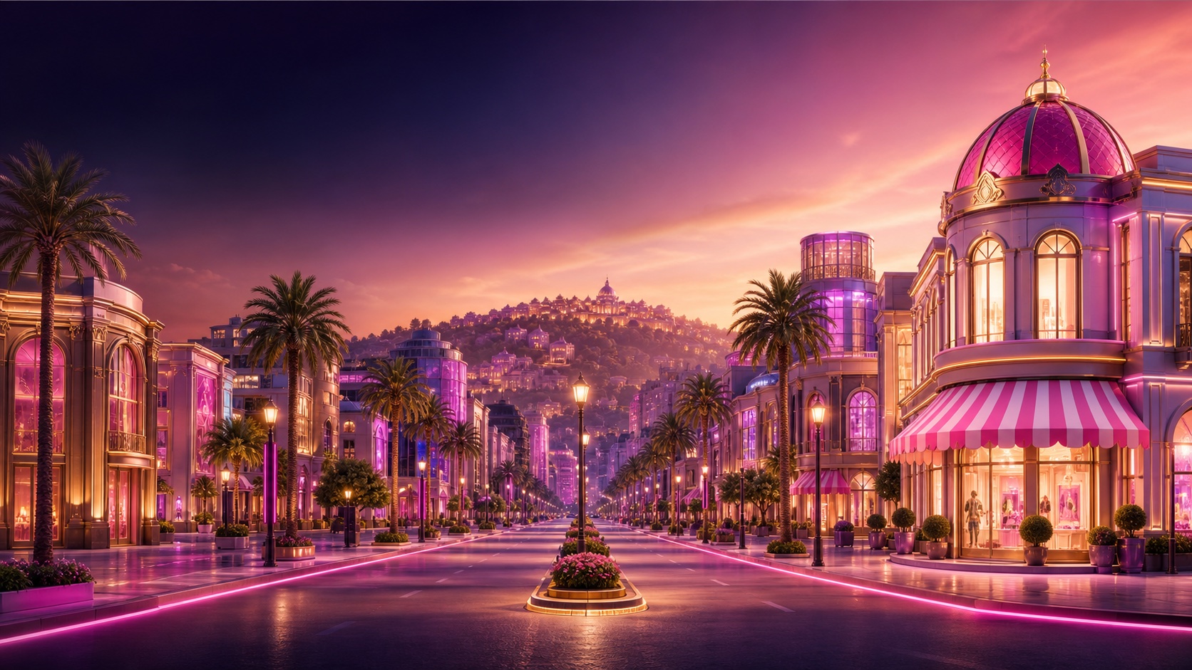 A futuristic GoGirlCity boulevard inspired by Beverly Hills and Rodeo Drive